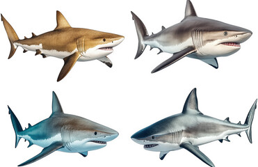 Naklejka premium four great white sharks in different poses. isolated on a transparent background