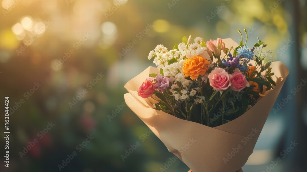 Poster colorful flower bouquet wrapped in kraft paper with soft sunlight creating a warm ambiance for flora