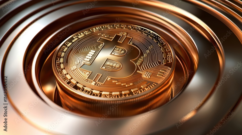 Poster a close-up of a bitcoin coin set within concentric metallic circles, symbolizing cryptocurrency and 