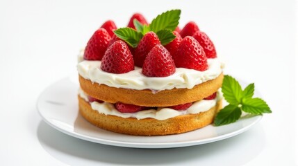 Delicious Multi Layered Cake Adorned With Fresh Strawberries And Mint Leaves on Top.