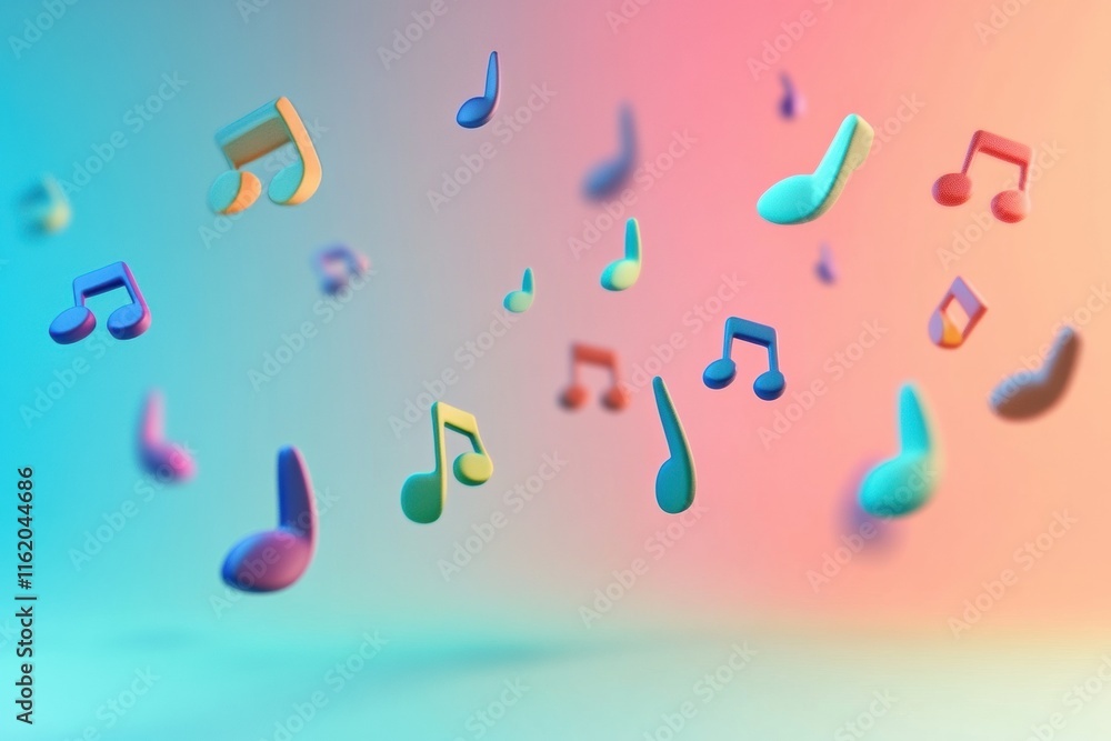 Aufkleber Colorful 3D music notes floating in a vibrant gradient background with soft colors creating a lively atmosphere. Generative AI