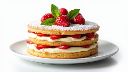 Delicious Multi Layered Cake Adorned With Fresh Strawberries And Mint Leaves on Top.