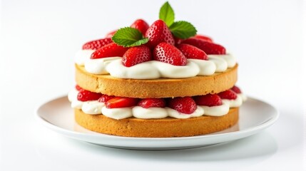 Delicious Multi Layered Cake Adorned With Fresh Strawberries And Mint Leaves on Top.