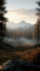 Serene landscape featuring majestic mountains and lush forests bathed in soft, golden morning light.