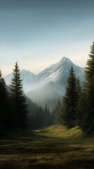 A serene landscape featuring mountains and evergreen trees at dawn, with soft light illuminating the scene.