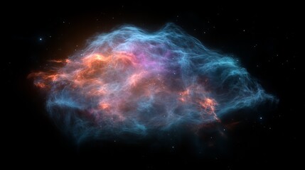 A vibrant cosmic nebula displaying swirling colors of blue, orange, and pink in a deep space backdrop.
