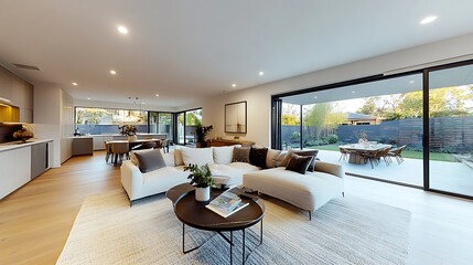 Fototapeta premium Modern Open Plan Living Space with Sliding Glass Doors to Backyard