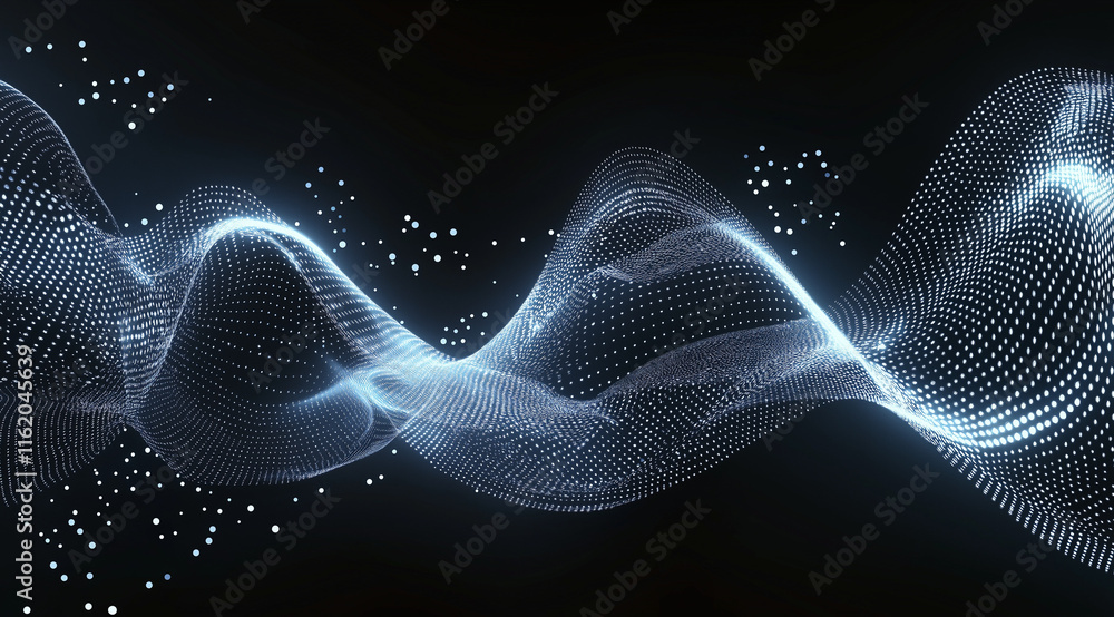 Aufkleber black background with intricate white dot wave resembling digital sound waves or data flow. dense pa