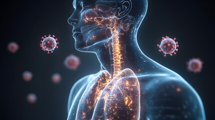A man's body is shown with a virus in the background. The man's body is made of blue and red, and the virus is shown in red. Scene is serious and ominous