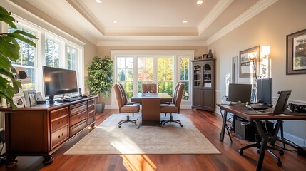 Sunlit Home Office with Hardwood Floors and Large Windows