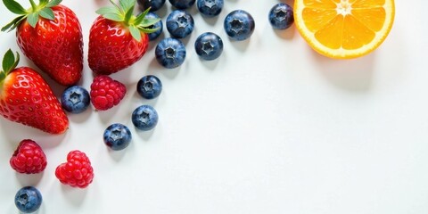A vibrant arrangement of fresh strawberries, blueberries, raspberries, and a citrus fruit slice on a white background, perfect for healthy eating or recipe ideas
