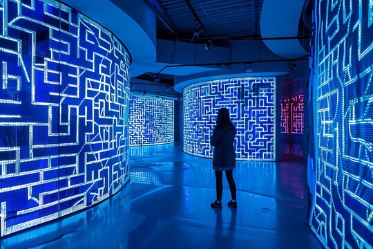 A woman stands in a futuristic space with luminous blue walls featuring intricate maze patterns. The digital art creates a mesmerizing, immersive environment.