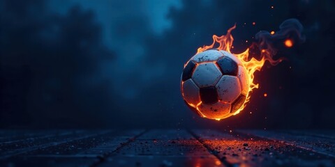 Fototapeta premium Fiery Soccer Ball Descends Upon Dark Wooden Surface, Embers Glow, Nighttime Setting, Dramatic Lighting, Intense Action Shot