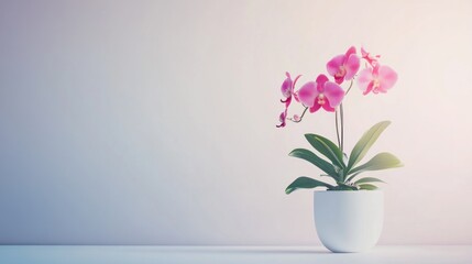 Pink orchid in white pot against light wall.