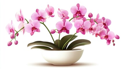 Obraz premium Pink orchids in a white pot on white background.