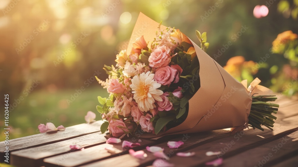 Poster freshly arranged bouquet wrapped in kraft paper set on a garden table during golden hour with soft s