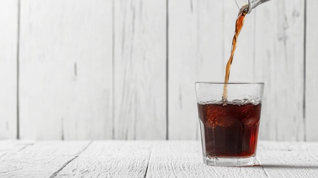 Cold brew coffee pouring into a glass with ice on a white wooden table.