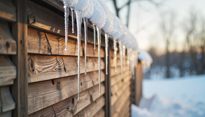 Icicles hanging from wooden fence in snowy landscape