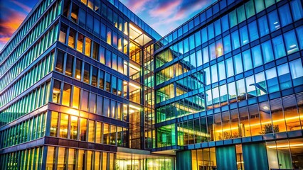 Fototapeta premium Translucent glass, low-lit office, AI-generated architecture.