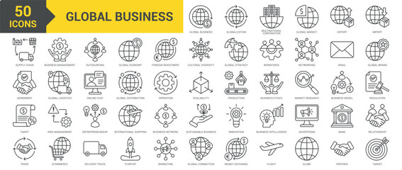 Global Business icon collection set. Containing globalization, outsourcing, multinational corporation, global market, export, import, supply chain, tariffs, agreement, trade icon. Simple line vector