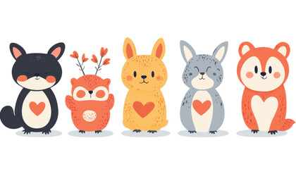 Naklejka premium Cute Cartoon Animals with Hearts - Adorable Vector Illustration of Woodland Creatures with Love Symbols