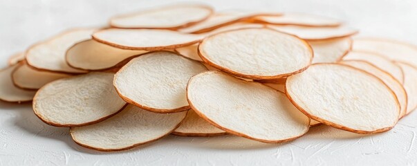 A pile of thin, circular potato chips, showcasing their light golden edges and pale interior, perfect for snacking.