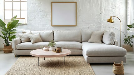 Modern light beige sectional sofa in a minimalist living room with pink coffee table, plants, and a jute rug.
