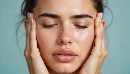 Woman feeling serenity while touching her face against a blue background