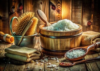 Fototapeta premium Washtub spa: bath salts, brush, comb, mirrorâ€”a food-focused still life.
