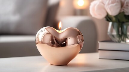 Elegant rose gold heart shaped candle on room background