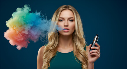 Obraz premium The stark contrast between the dark attire model woman with e-cigarette andd background with the vivid, multicolored vapor offers a visual metaphor for creativity bursting forth from modern devices.