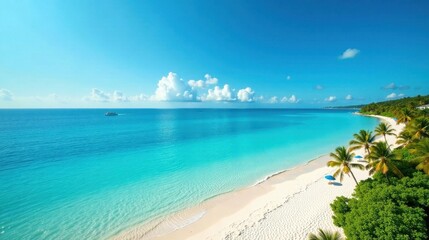 Fototapeta premium Serene Tropical Beachscape Azure Waters, Pristine Sands, and Lush Palm Trees Under a Brilliant Sunny Sky