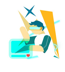 illustration of a person using VR with stars and light