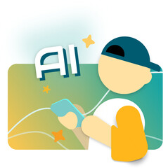child with a cap and holding phone with text ai