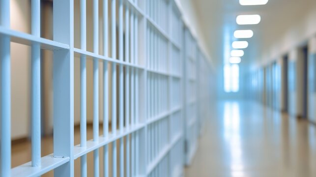 A narrow corridor lined with blue prison bars, creating a stark, somber atmosphere, emphasizing confinement and isolation.
