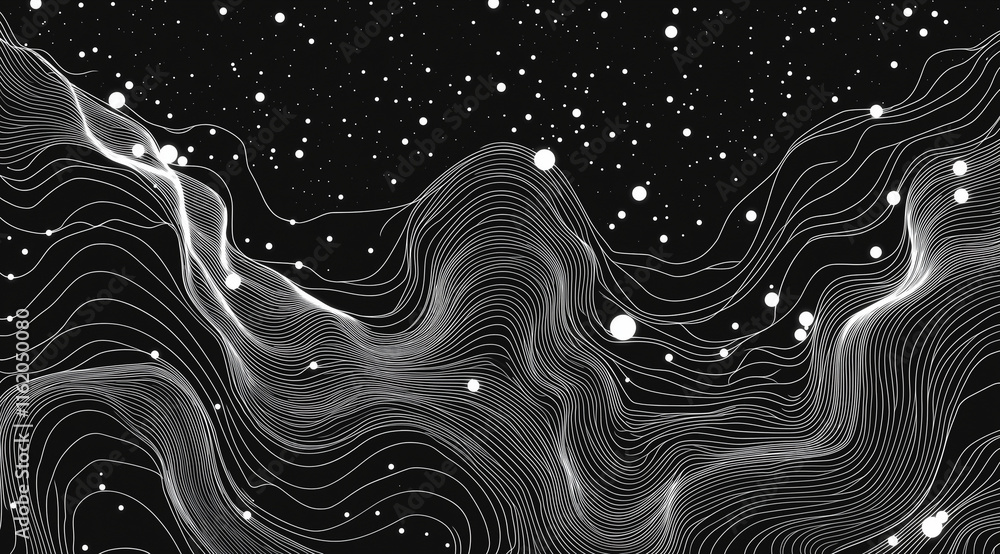 Aufkleber black background with intricate white dot wave resembling digital sound waves or data flow. dense pa