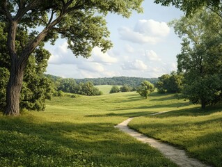 Serene Rural Landscape with Lush Green Meadow, Tree Line, and Scenic Pathway Under Beautiful Blue Sky with Clouds