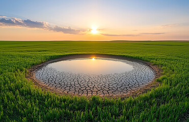 A large body of water is surrounded by a field of grass. The sun is setting, casting a warm glow over the scene. The water is calm and still, reflecting the sky and the surrounding landscape