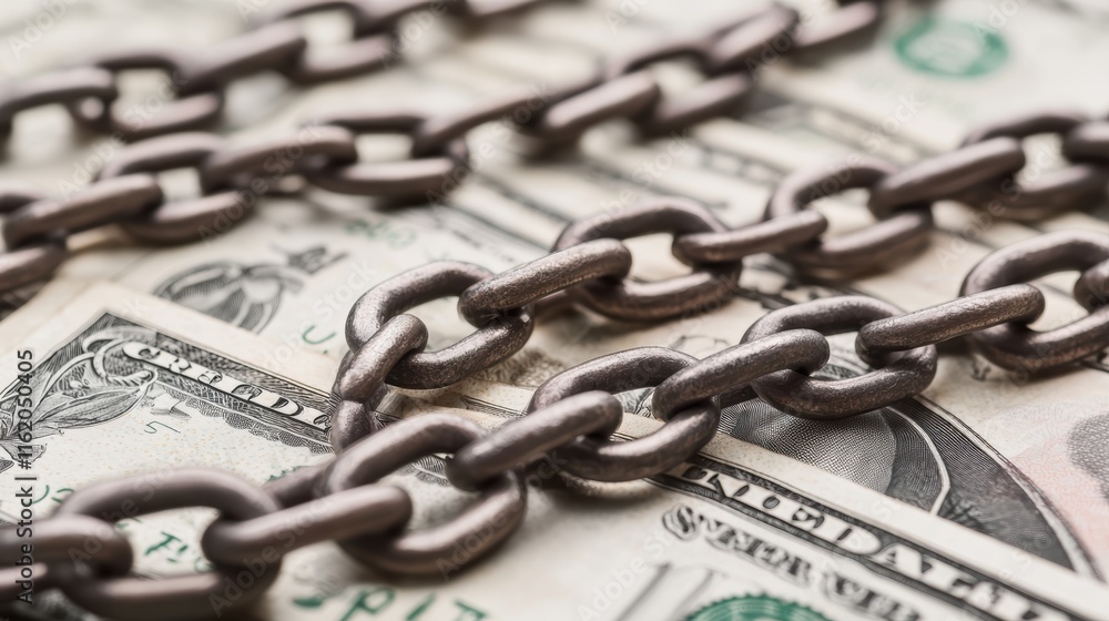Poster a chain rests on a pile of dollar bills, symbolizing the connection between wealth and constraints.