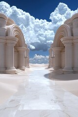 Fototapeta premium Ancient ruins in a desert landscape with a marble pathway leading to a clear sky
