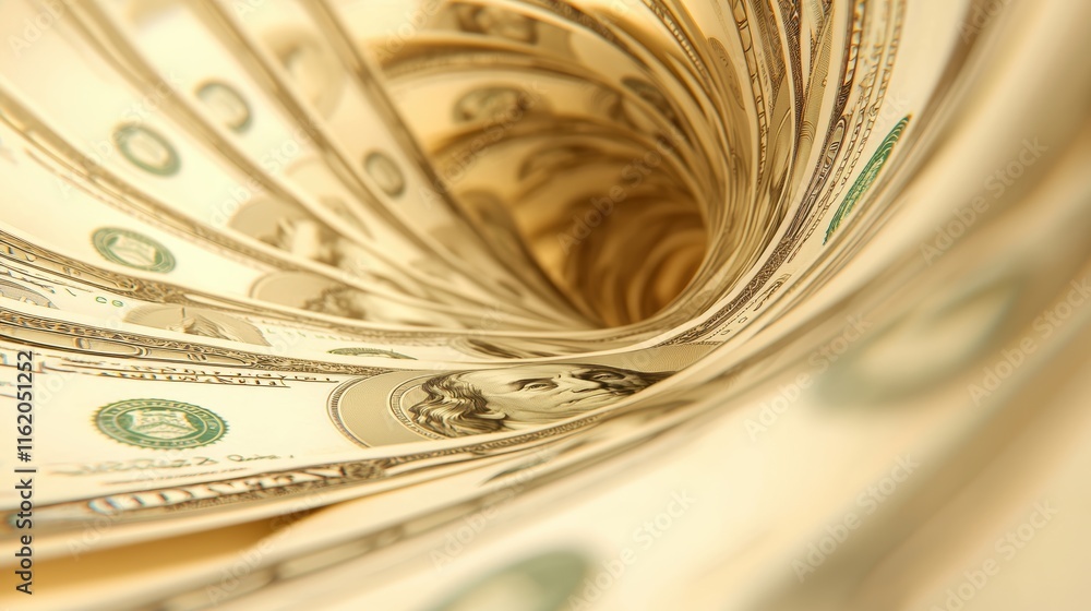 Poster a spiral of dollar bills, creating a visual illusion of depth and movement, symbolizing wealth and f