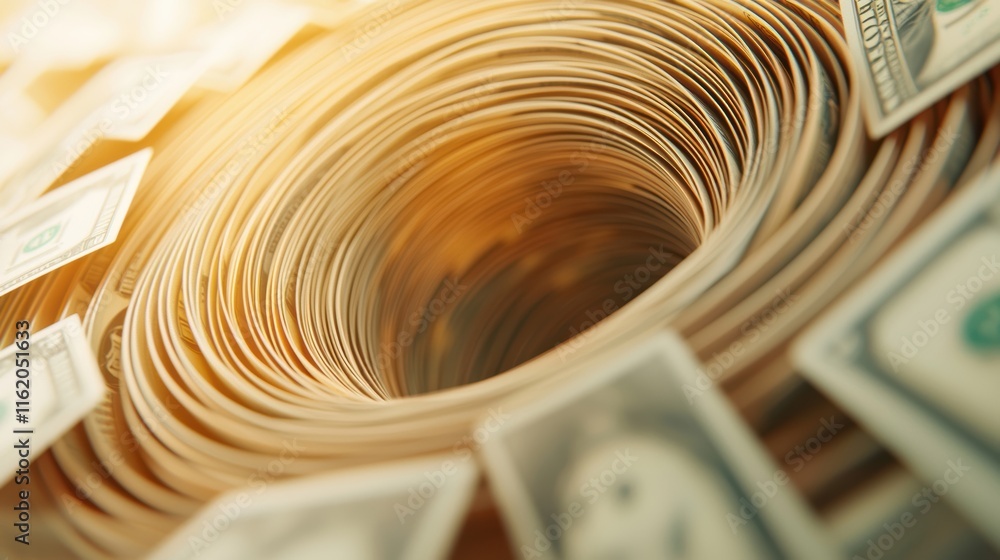 Poster a swirling stack of money with dollar bills is depicted, creating a dynamic sense of depth and movem