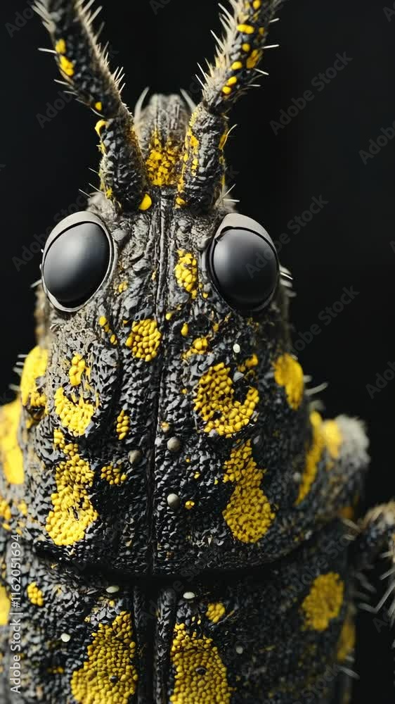 Poster detailed close-up of a unique insect displaying vibrant yellow and black patterns against a dark bac
