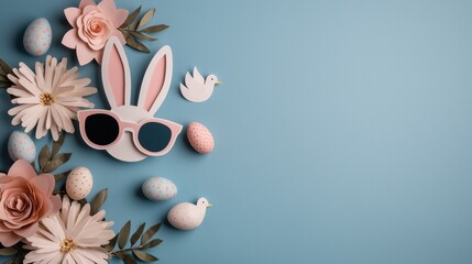 Happy Easter! Pastel paper bunny with sunglasses and eggs.