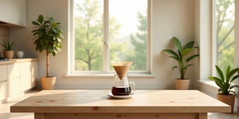 Fototapeta premium A freshly brewed cup of coffee sits on a light wooden table in a sunlit room, next to potted plants, showcasing a peaceful morning atmosphere