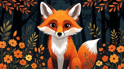 cute fox illustration surrounded by vibrant autumn flowers and leaves in a magical forest setting, captivating digital artwork perfect for nature enthusiasts, whimsical design lovers, and art admirers