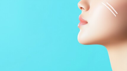A close-up of a woman's profile with a smooth complexion, highlighted by minimalist design elements against a soft blue background.