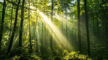 Obraz premium A dense forest with sunlight streaming through the trees, creating a magical and awe-inspiring natural wonder.