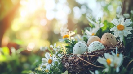 Festive frame of easter decorations in a garden setting featuring colorful eggs, spring flowers, and a soft focus background for celebrating easter sunday outdoors