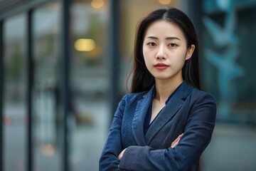 Fototapeta premium A young attractive Asian businesswoman standing outside